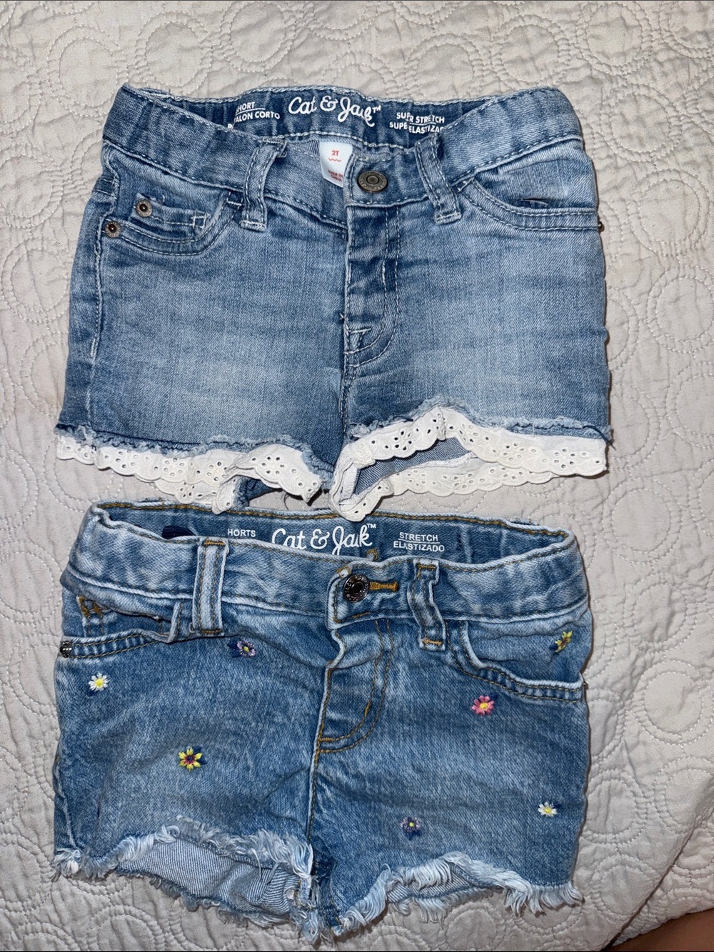 2 pair of Cat & Jack Light Blue Denim Shorts with Lace & Floral Embroidery